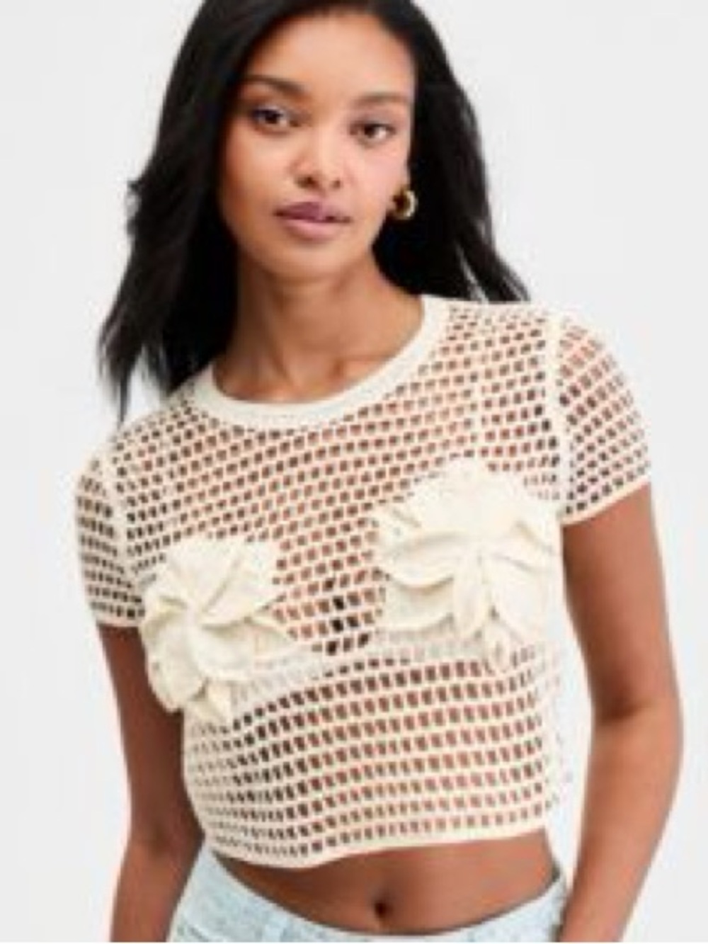 065- Bar III Cream Knit Floral Crochet Top Size Medium